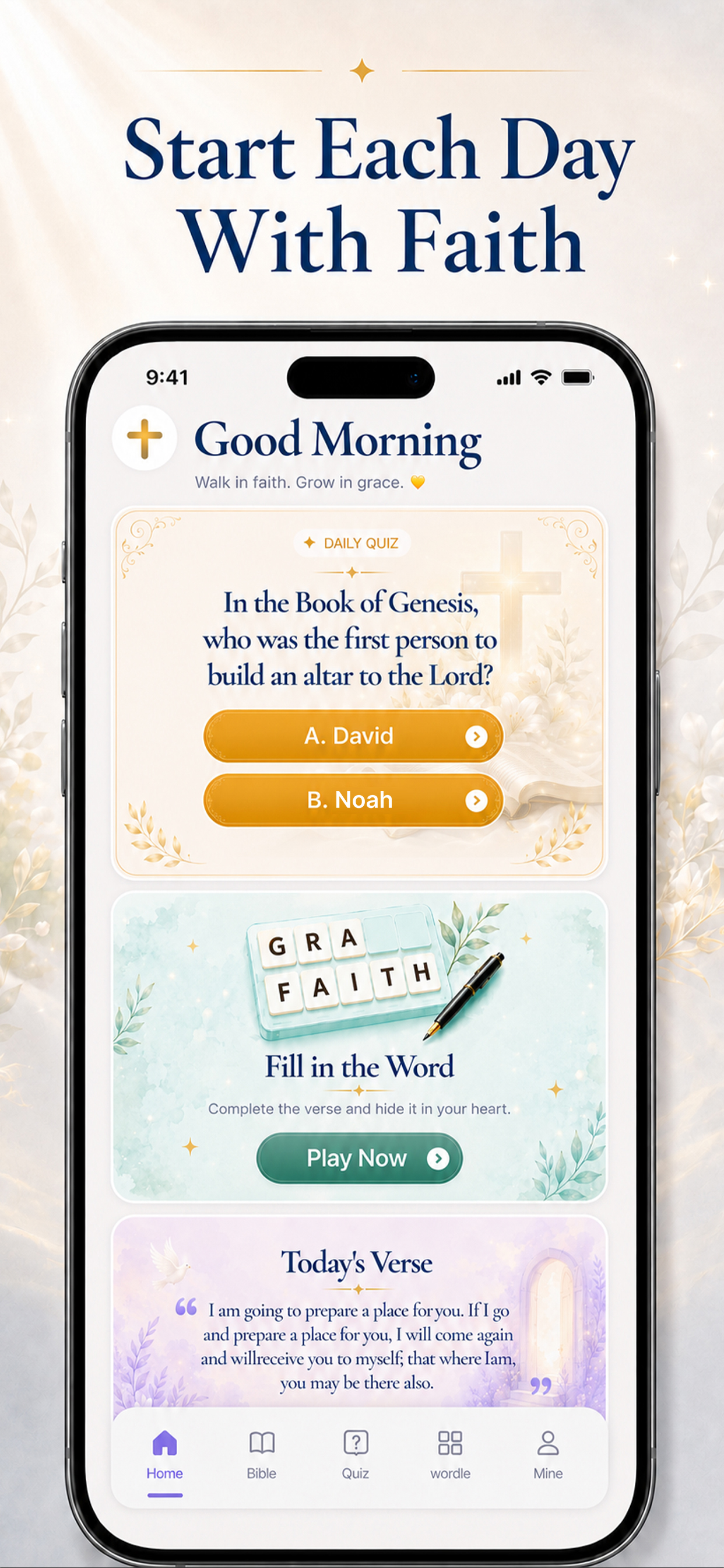 Daily Bible Word home screen with daily quiz, Bible Wordle, and today's verse