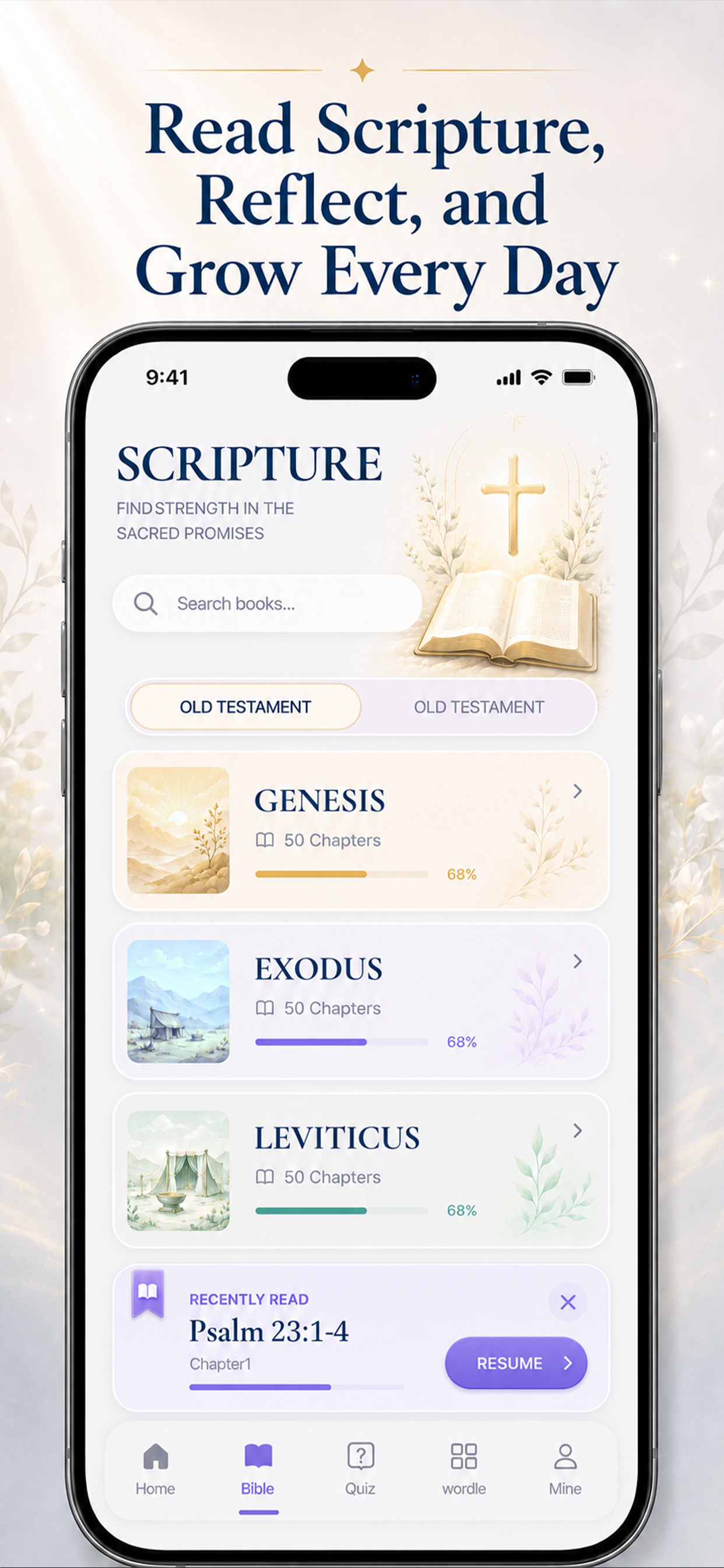 Bible book list and recent reading screen