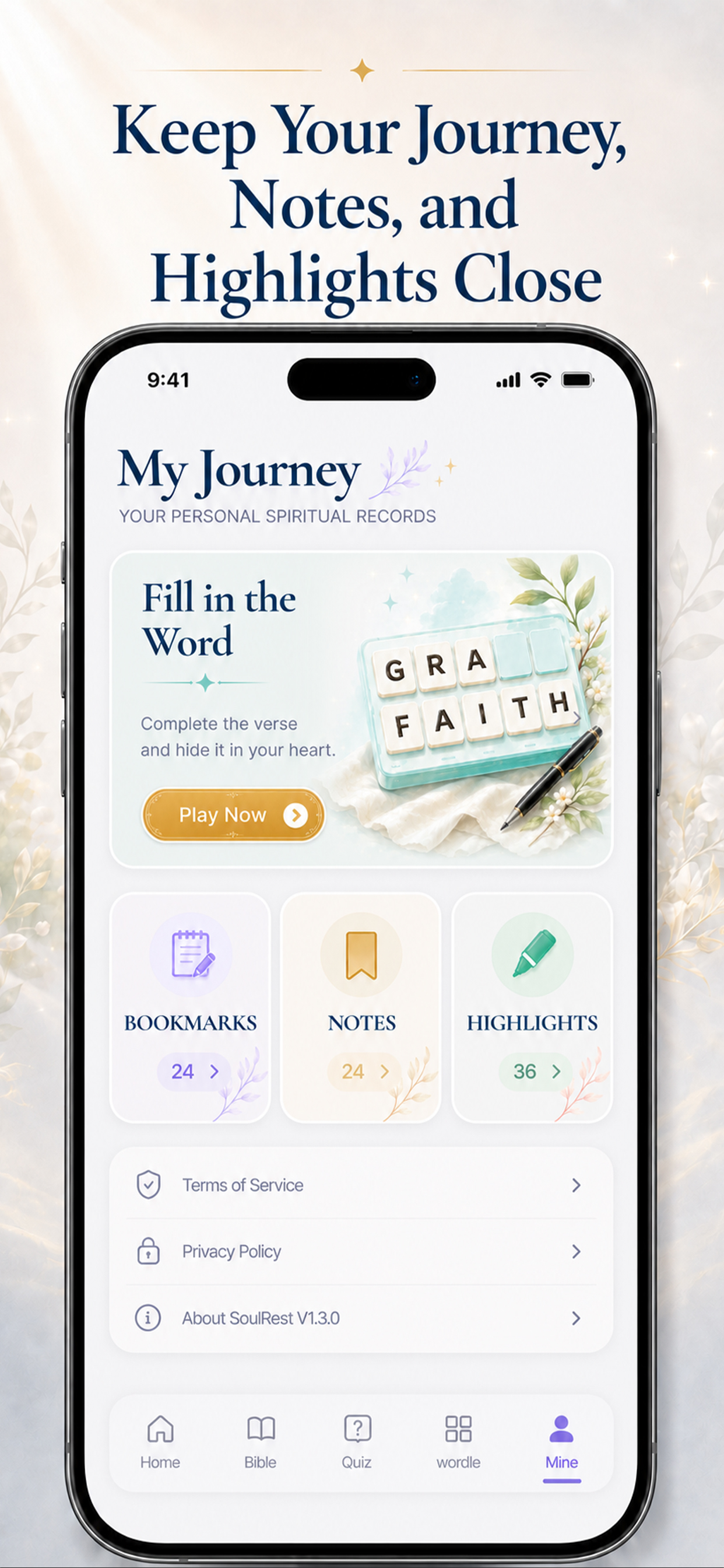 My Journey screen with bookmarks, notes, and highlights