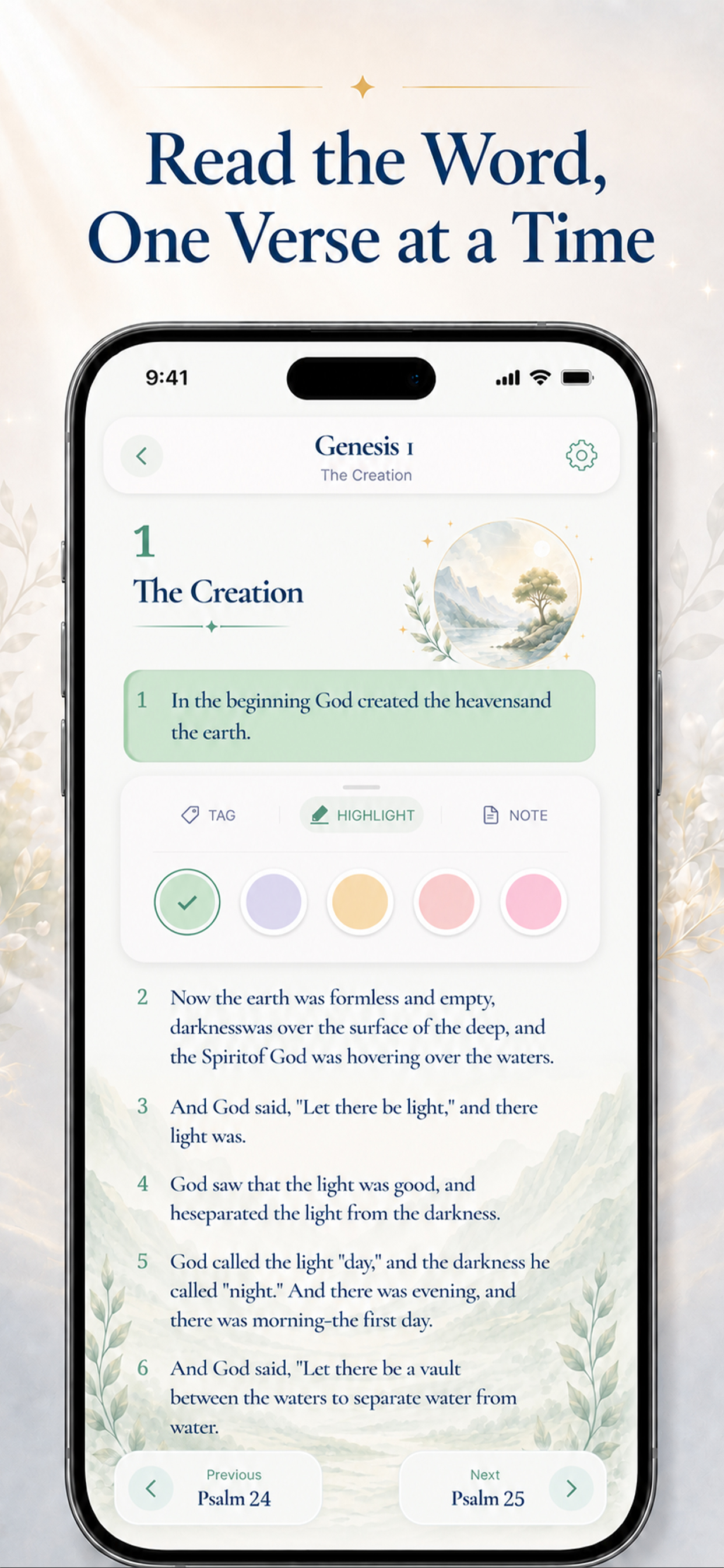 Bible reader with highlight, tag, and note tools